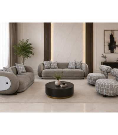 Warm taupe fabric 7 seater sofa set with rounded arms and patterned scatter cushions