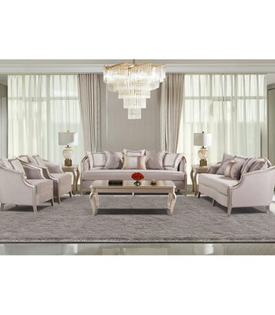 Warm dove grey classic fabric sofa set with rolled arms and matching table set