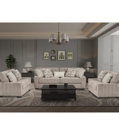 Warm taupe woven fabric 7 seater sofa set with patterned scatter cushions