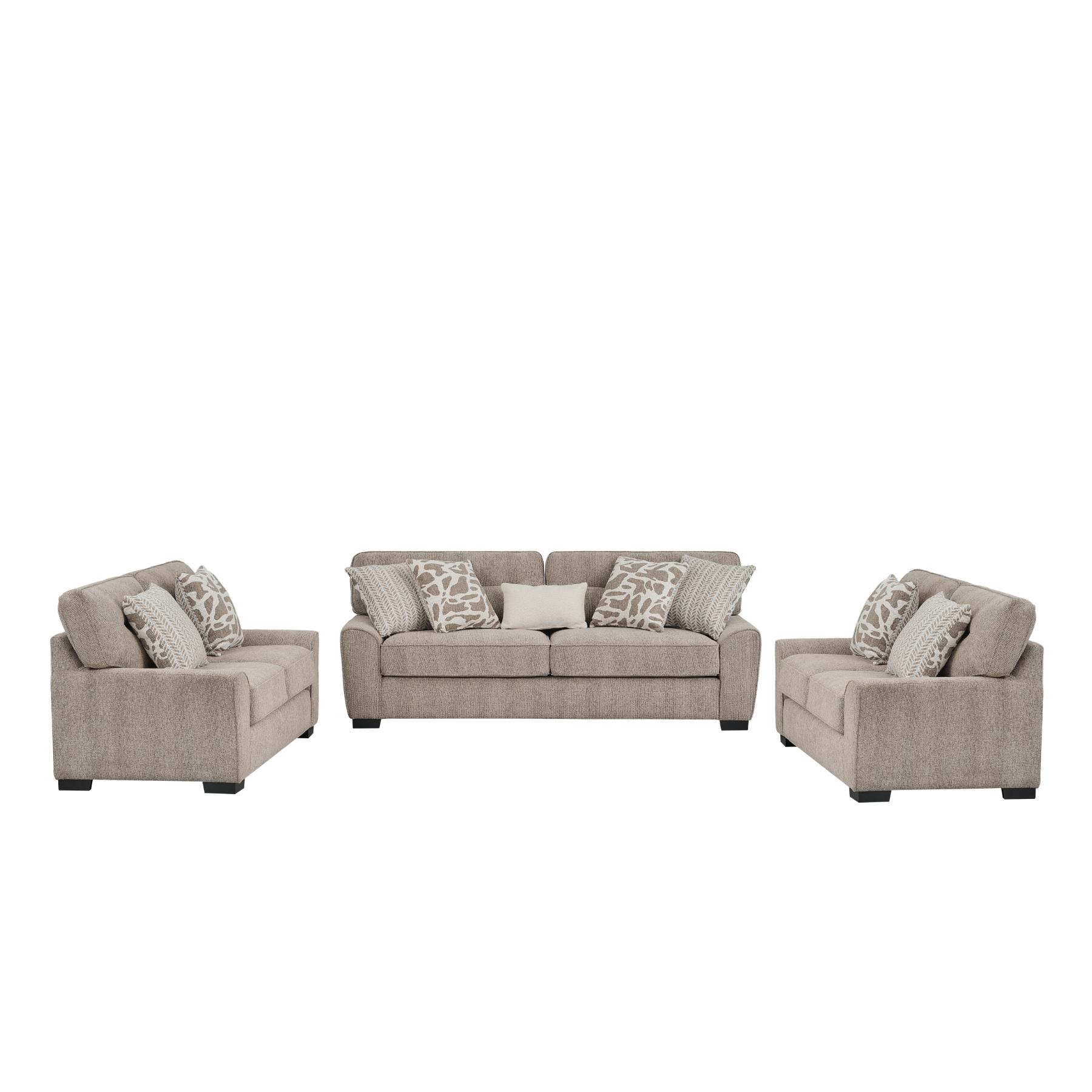 01-30-04598-4.jpg Warm taupe woven fabric 7 seater sofa set with patterned scatter cushions — view 2