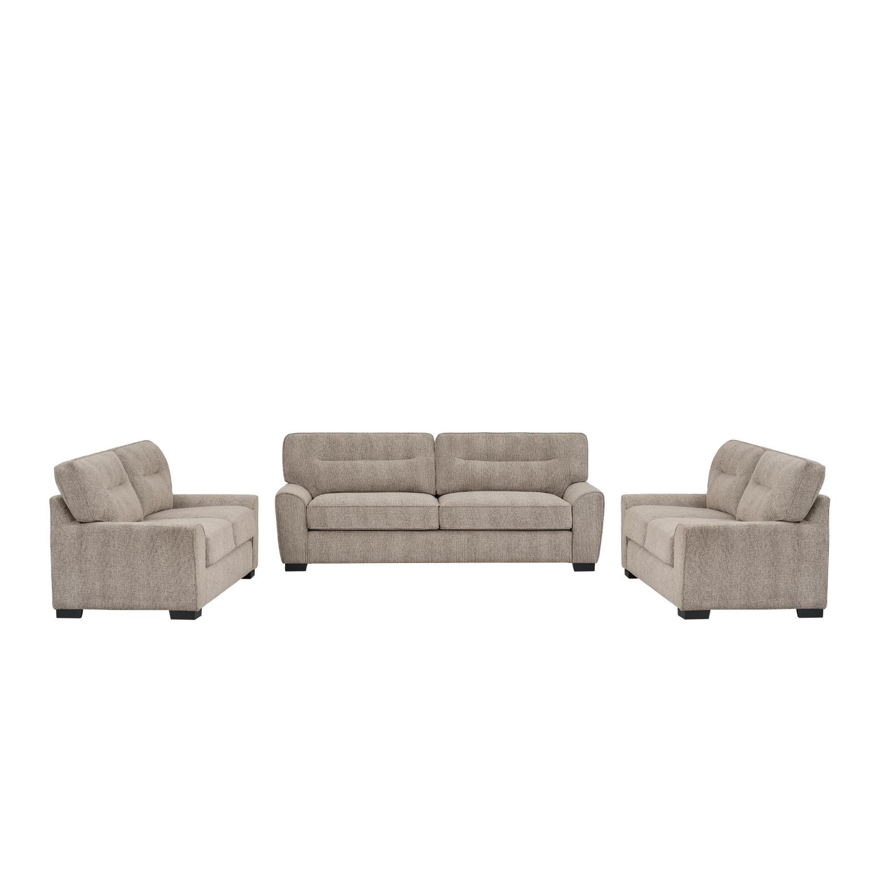 01-30-04598-5.jpg Warm taupe woven fabric 7 seater sofa set with patterned scatter cushions — view 3