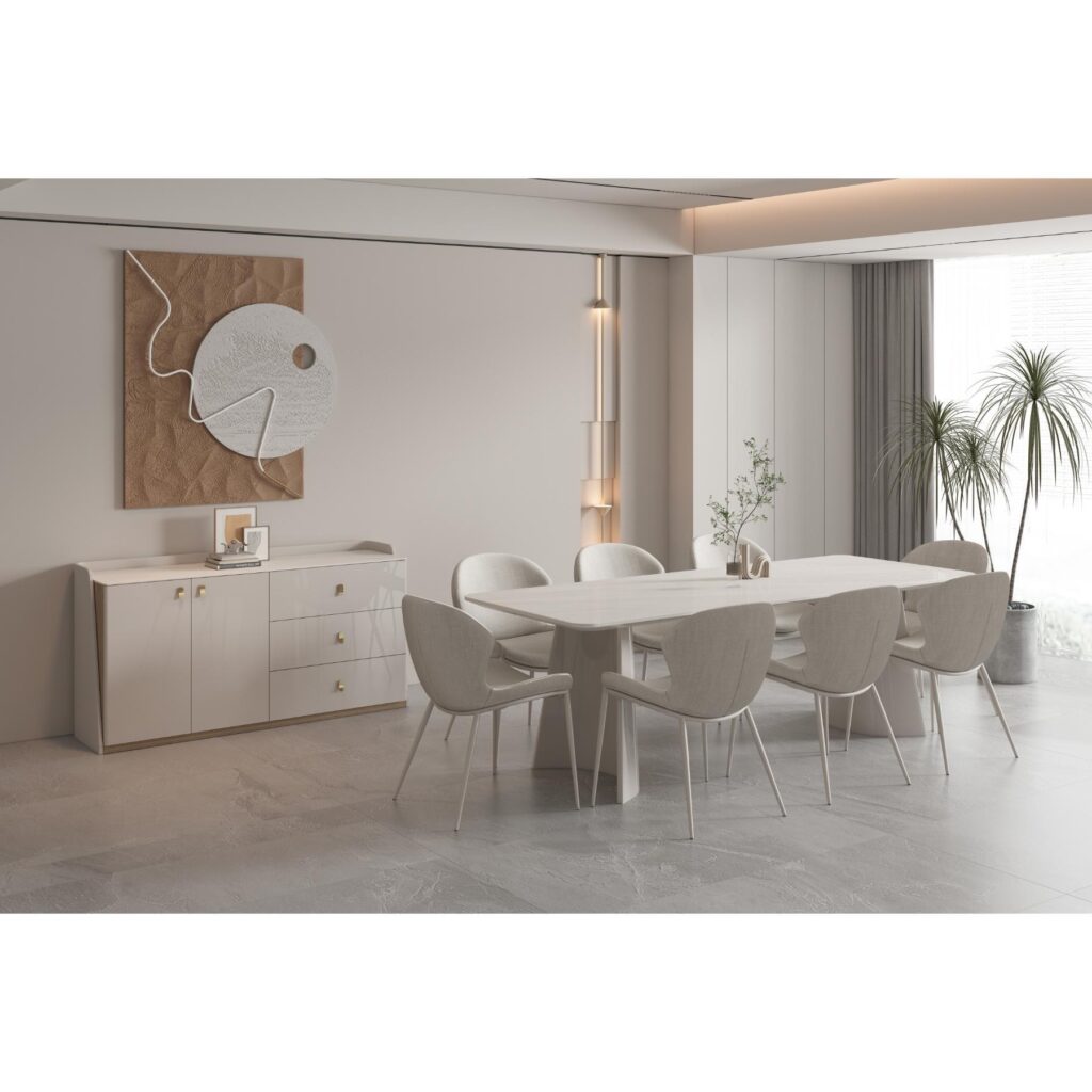 Khaki sintered stone rectangular dining table with sculpted pedestal legs