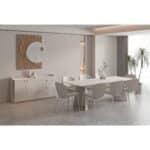 Khaki sintered stone rectangular dining table with sculpted pedestal legs