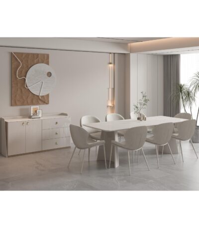 Khaki sintered stone rectangular dining table with sculpted pedestal legs