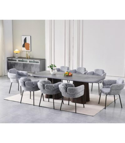 Rectangular Stone-Look dining table with walnut column legs and 8 Ash Grey fabric chairs