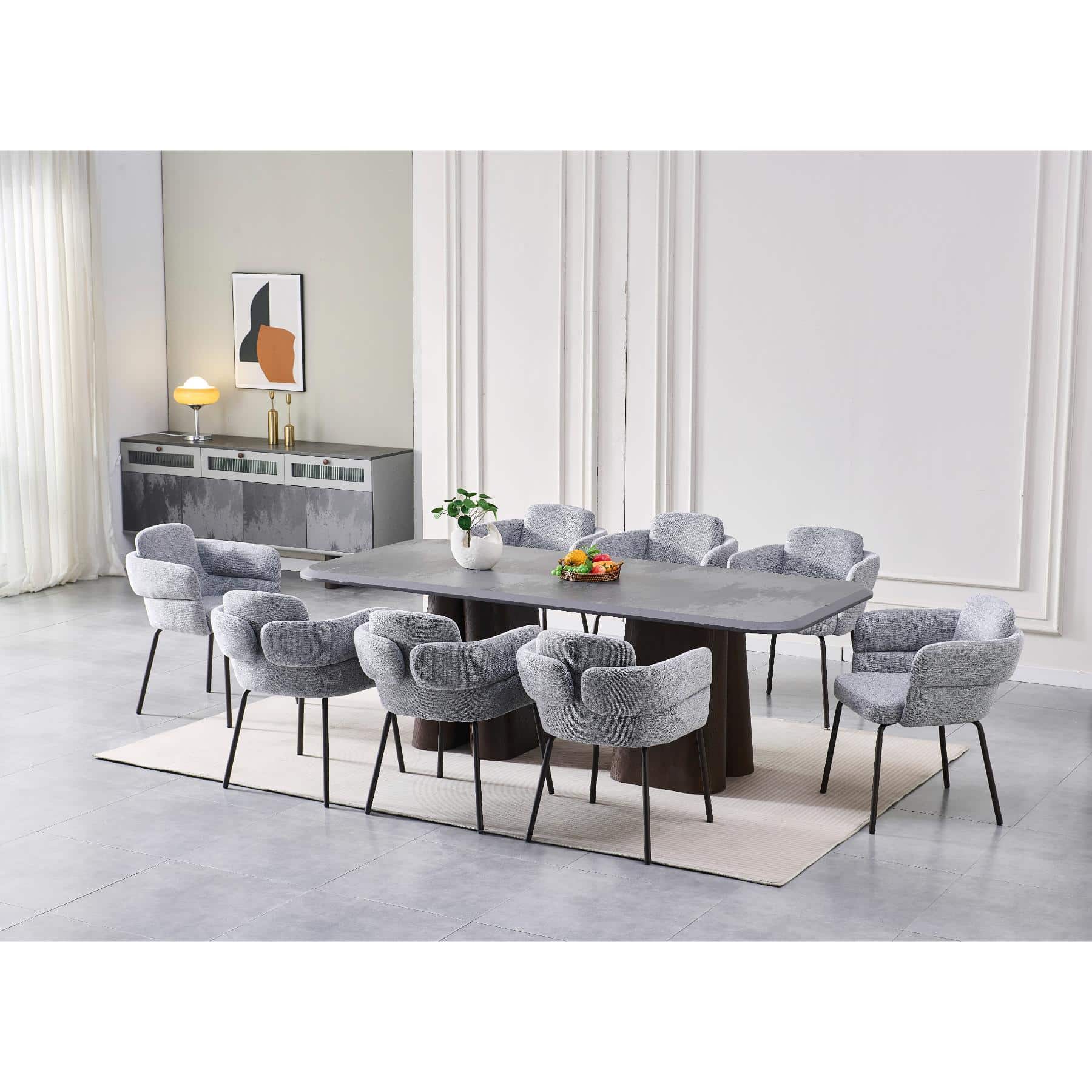 48-30-00354-2.jpg Rectangular Stone-Look dining table with walnut column legs and 8 Ash Grey fabric chairs
