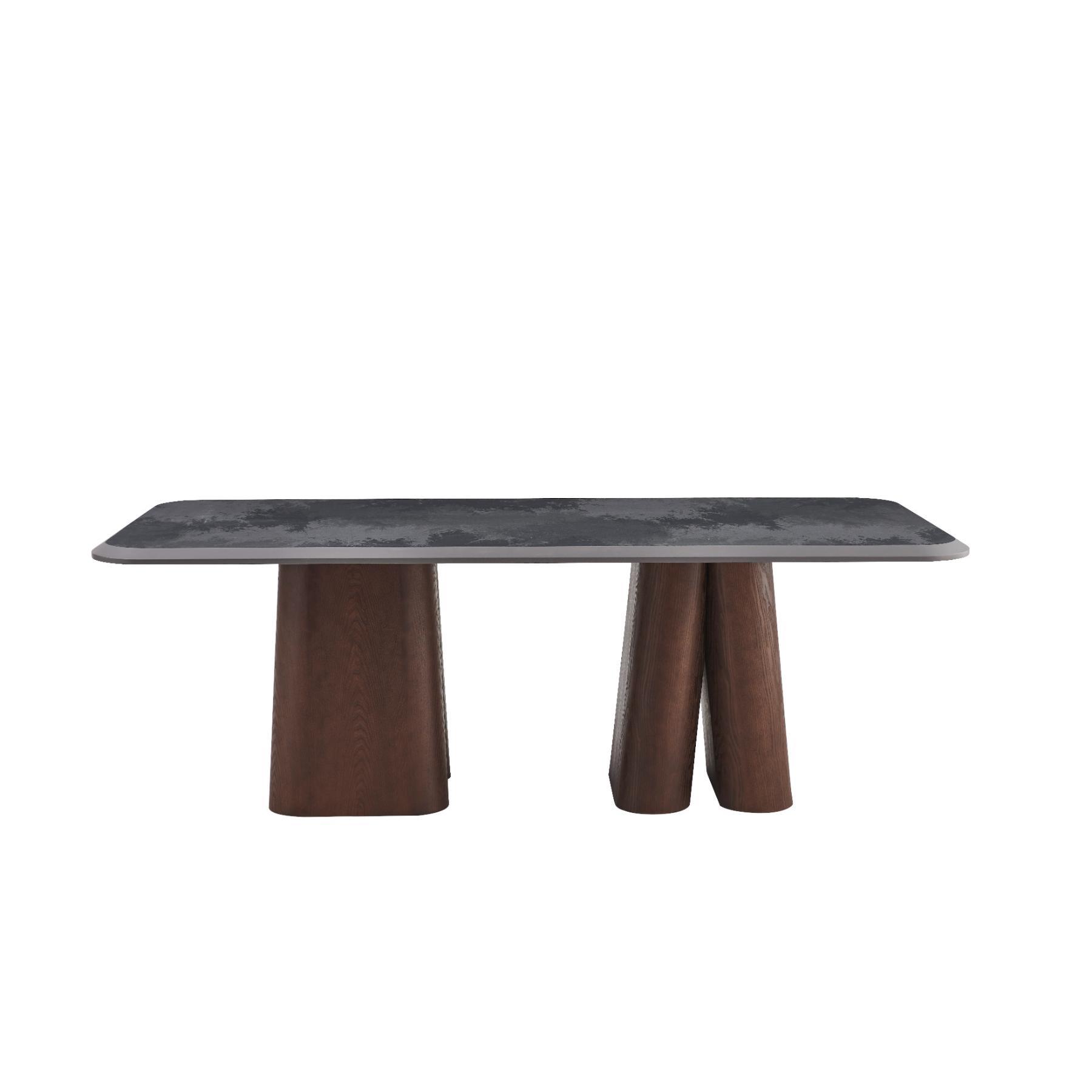 48-30-00354-3.jpg Rectangular Stone-Look dining table with walnut column legs and 8 Ash Grey fabric chairs — view 2