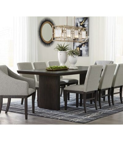 Rectangular dark brown wood dining table with panel legs, seats eight