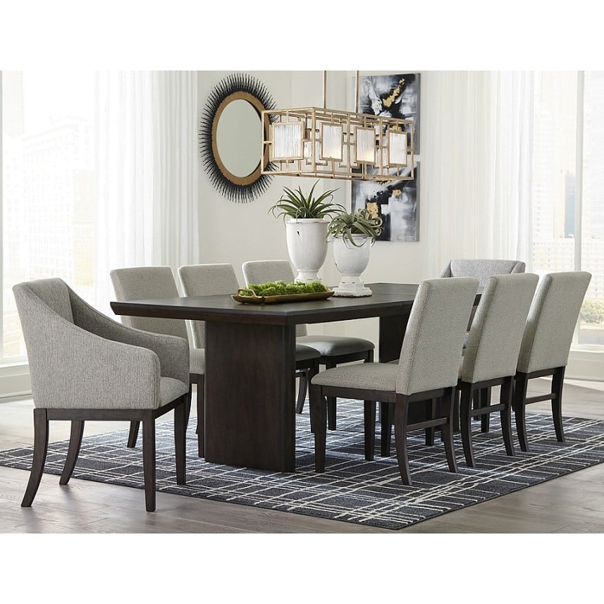 Rectangular dark brown wood dining table with panel legs, seats eight