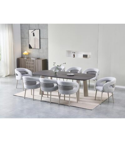 Rectangular charcoal wood-look dining table with taupe block legs and grey upholstered chairs