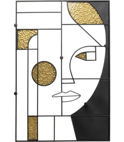 Black metal wall coat rack with abstract face design and hammered gold glass accents