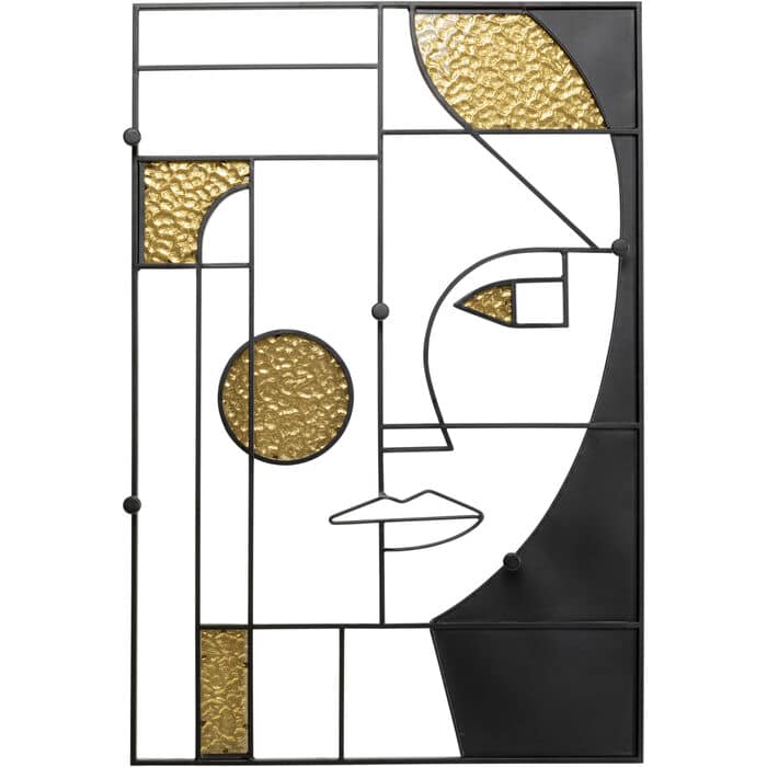 Black metal wall coat rack with abstract face design and hammered gold glass accents