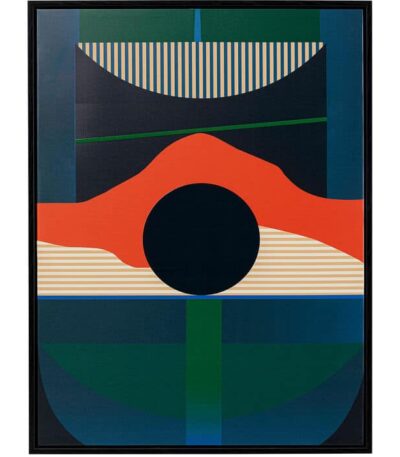 Abstract framed canvas wall art in teal orange and green with black wood frame