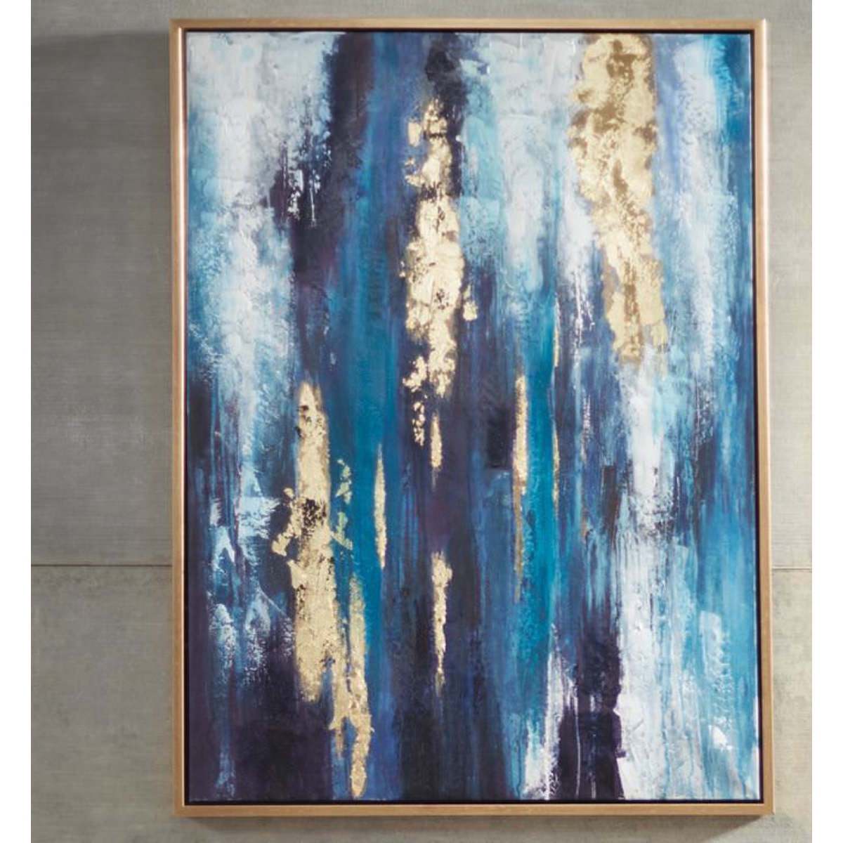 46-30-01101-2.jpg Abstract Denim Blue and gold leaf canvas wall art in a goldtone frame — view 2