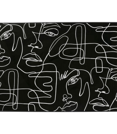 Black and white abstract line art wall print of faces in matte black aluminium frame
