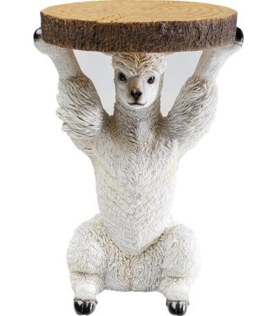 White polyresin alpaca side table holding a round wood-look tabletop