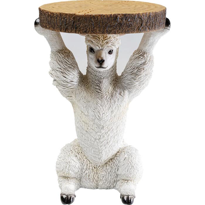 White polyresin alpaca side table holding a round wood-look tabletop