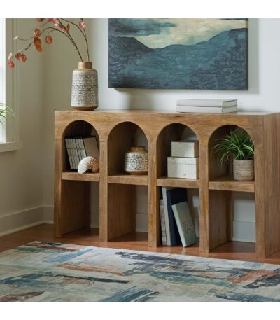 Light Brown solid wood console table with four arched cutout openings and lower shelf