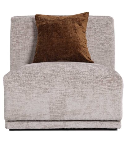 Warm taupe armless chenille fabric sofa chair with brown scatter cushion — view 2