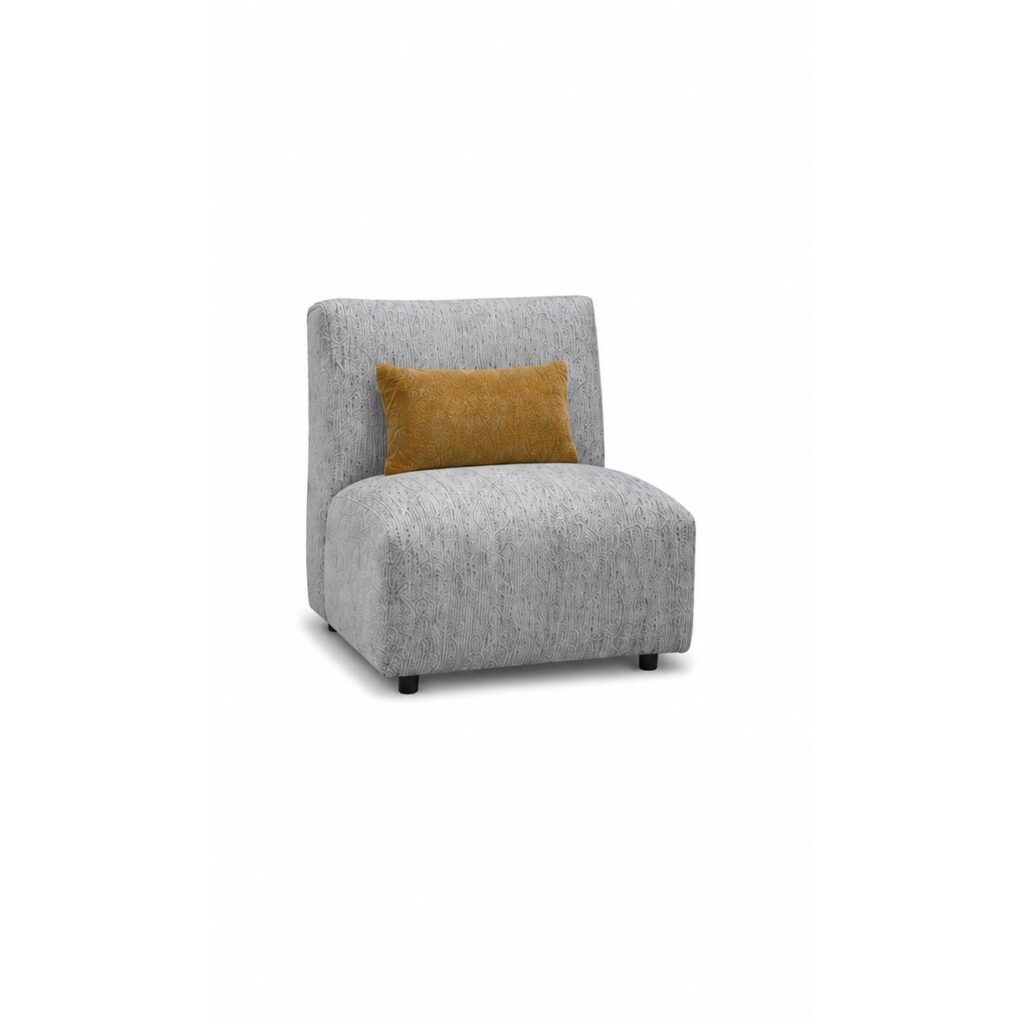 Ash grey textured fabric armless accent chair with mustard gold scatter cushion