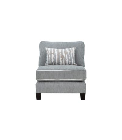 Warm oatmeal fabric armless chair with patterned lumbar cushion and espresso legs — view 2