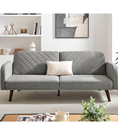 Ash grey fabric sleeper sofa with channel-stitched back and rolled arms