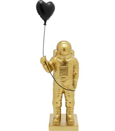 Gold polyresin astronaut figurine holding a black heart-shaped balloon ornament