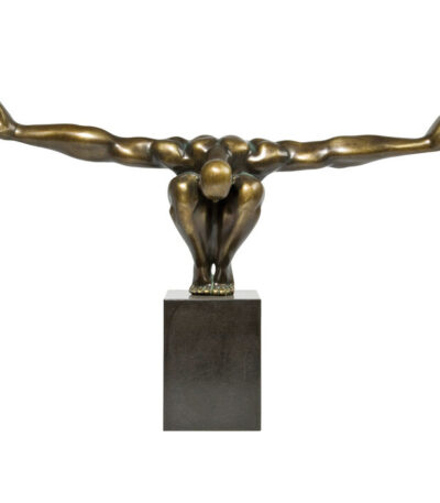 Bronze-finish athlete sculpture in stone and polyresin on a dark plinth base