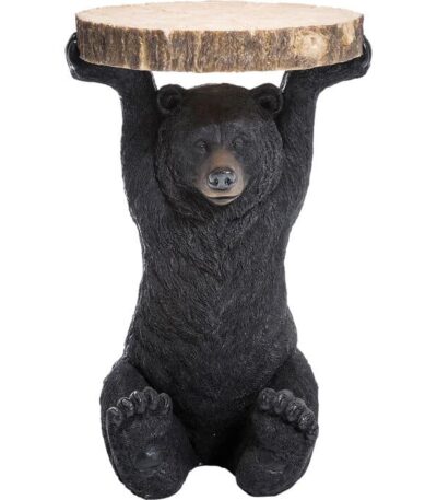 Black polyresin bear-shaped side table with natural log-slice top