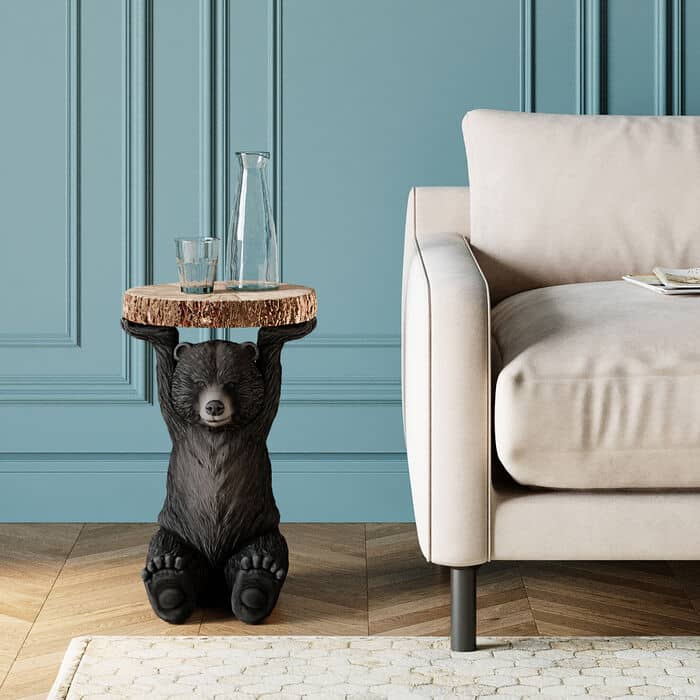 14-30-00283-8.jpg Black polyresin bear-shaped side table with natural log-slice top — view 4