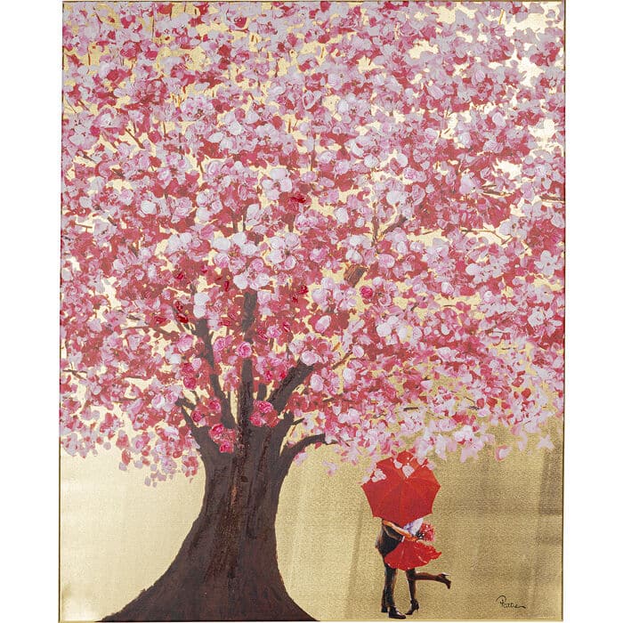 Hand-painted canvas wall art of couple under umbrella beneath pink blossom tree on gold background