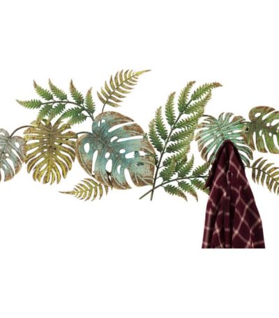 Steel wall-mounted coat rack shaped like monstera leaves and ferns in green and bronze