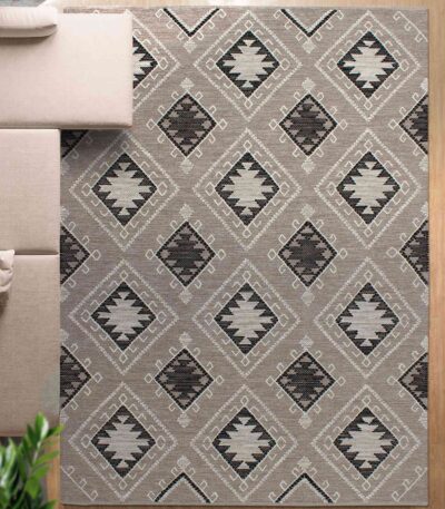 Handwoven cotton dhurry rug with diamond medallion pattern in taupe and charcoal