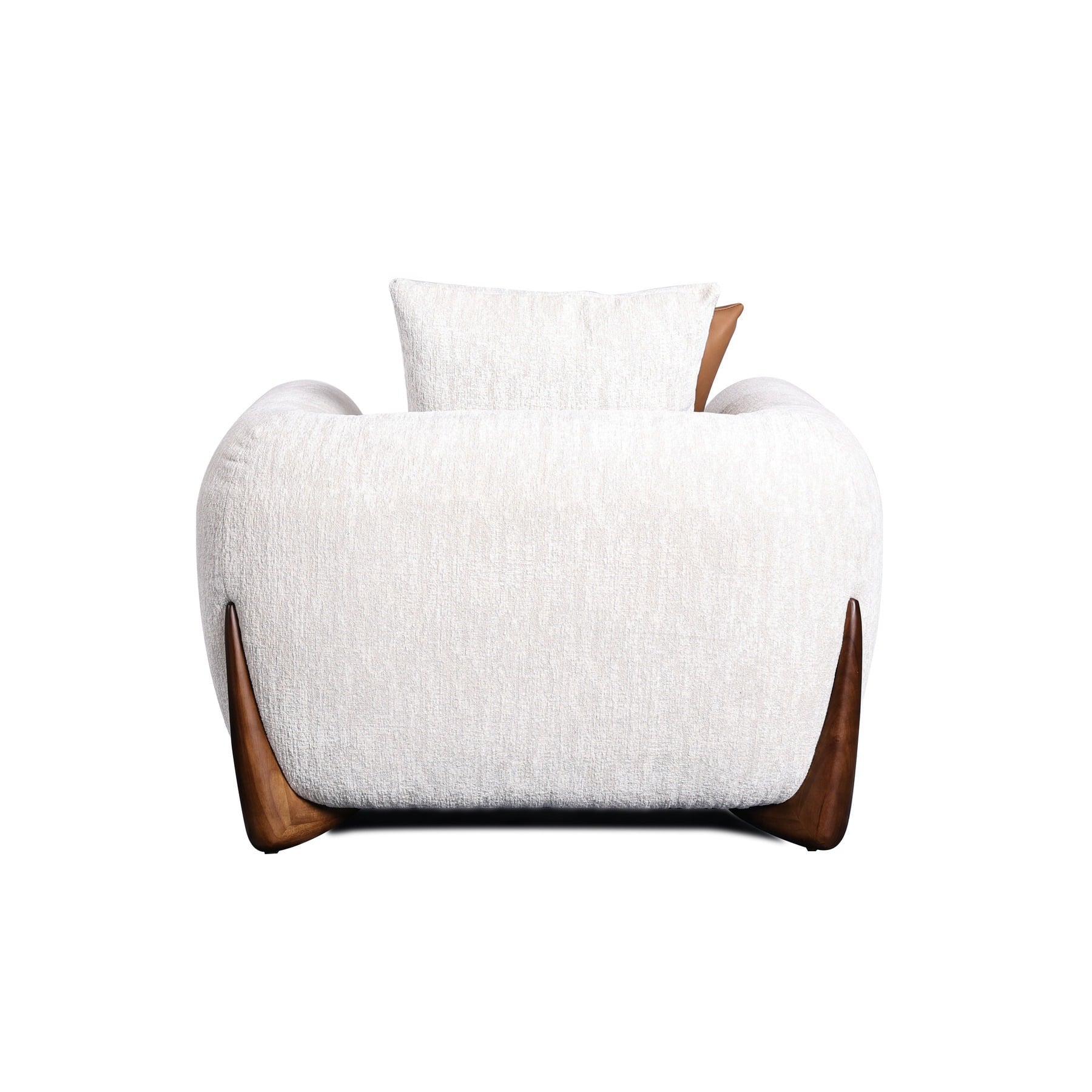 54-30-00227-3.jpg Warm ivory bouclé sofa chair with sculpted walnut wood legs and tan scatter cushion — view 3