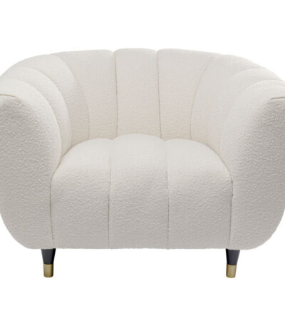 Warm ivory bouclé sofa chair with channelled back and tapered wood legs