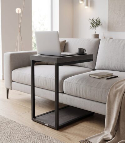 Black Oak side table with black metal C-profile frame and lower shelf