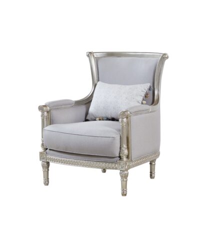 Dove grey fabric sofa chair with carved silver frame and scrolled arms