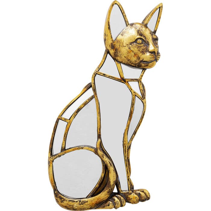 Antique gold cat-shaped wall décor with mirrored glass panel details