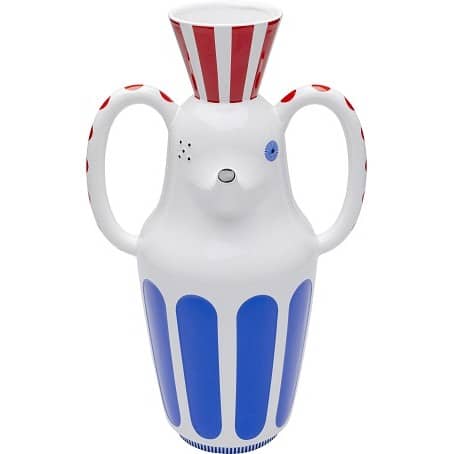 White ceramic sculptural vase with cobalt blue and red stripes and mouse-shaped handles