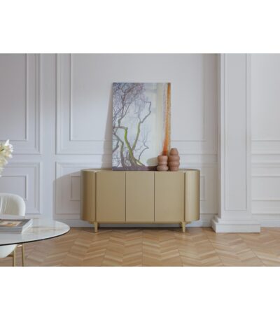 Champagne Gold curved sideboard with ceramic top and three cabinet doors