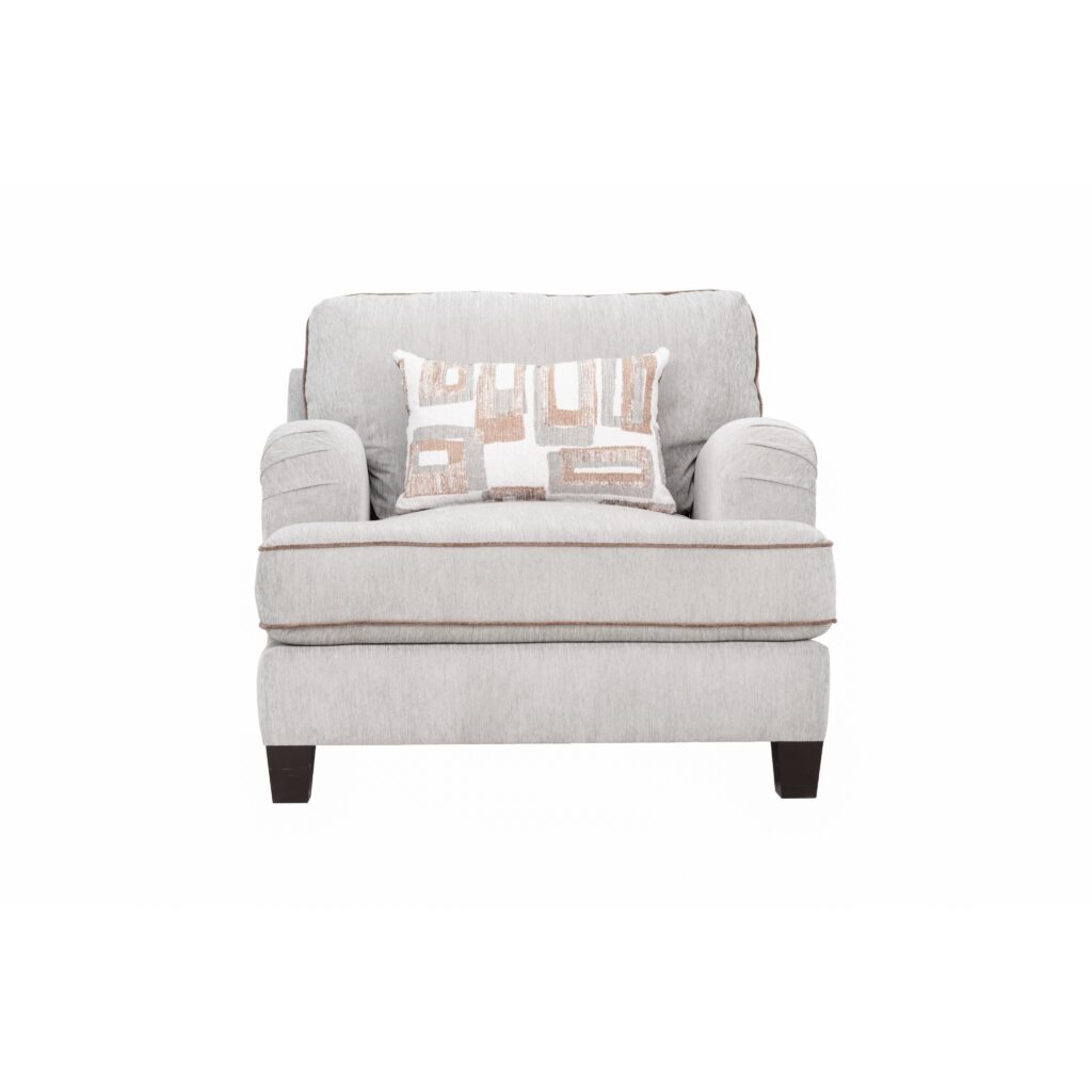 Warm grey chenille sofa chair with cinnamon brown piping and rolled arms