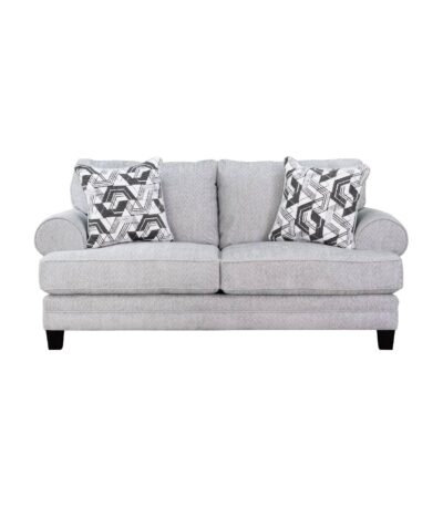 Light grey fabric loveseat with rolled arms and geometric scatter cushions