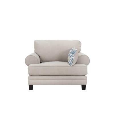 Warm oatmeal fabric sofa chair with rolled arms and geometric scatter cushion