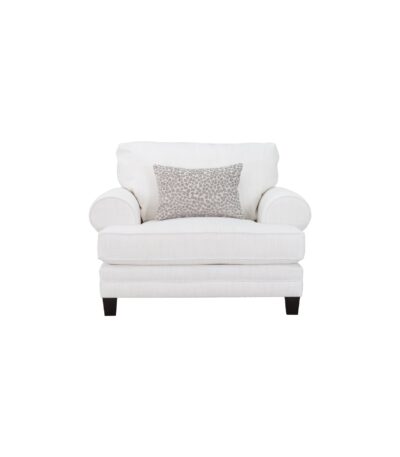 Warm oatmeal fabric sofa chair with rolled arms and leopard-print scatter cushion