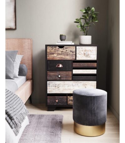Ash grey corduroy fabric stool with cylindrical shape and brass-toned metal base