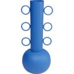 Cobalt blue matte metal vase with curly ring handles and rounded base