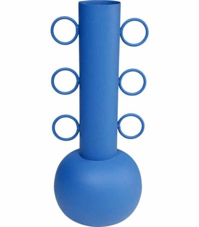 Cobalt blue matte metal vase with curly ring handles and rounded base