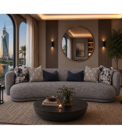 Curved Ash Grey fabric 4 seater sofa with concealed base and scatter cushions