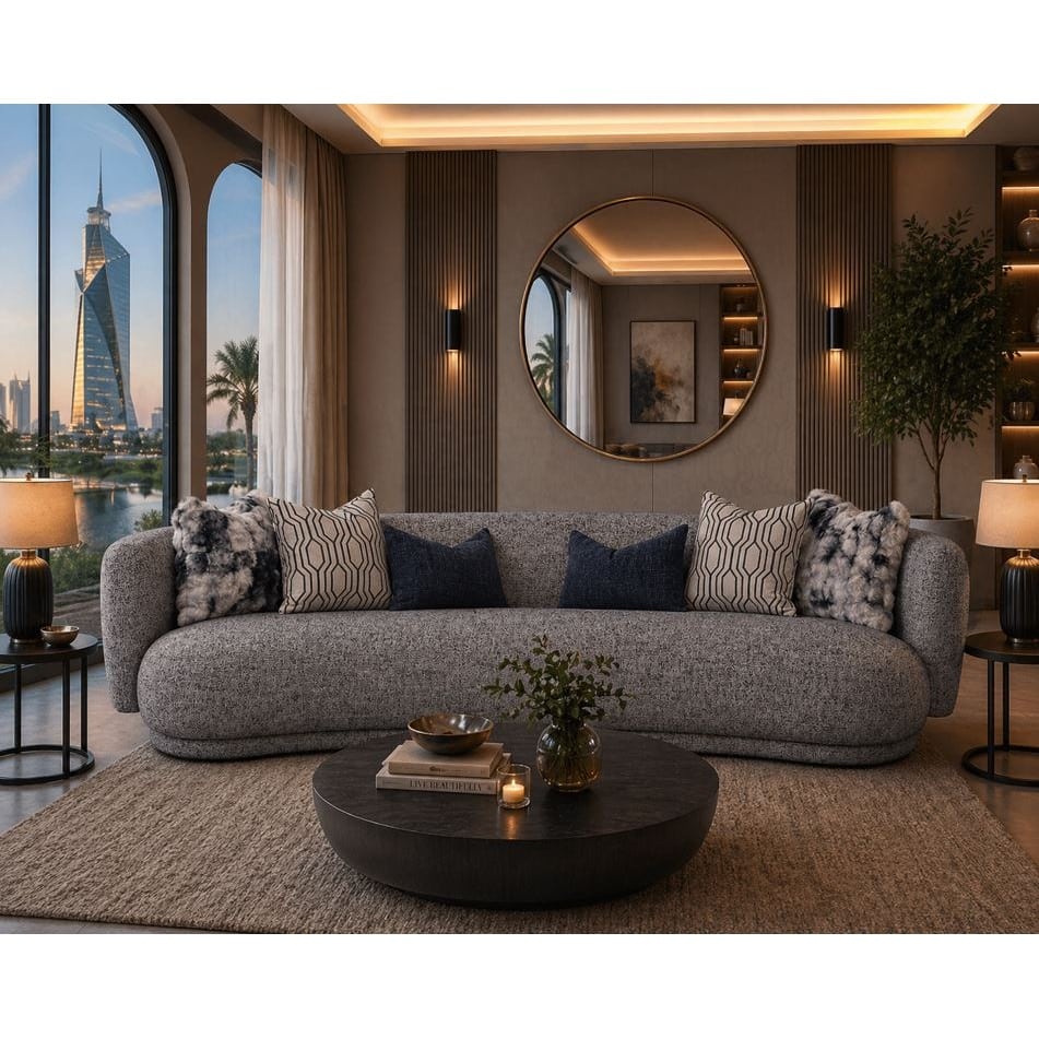 Curved Ash Grey fabric 4 seater sofa with concealed base and scatter cushions