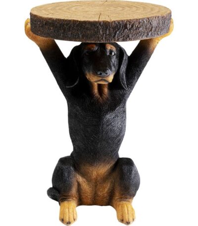Dachshund-shaped polyresin side table with tree-slice top in orange tones
